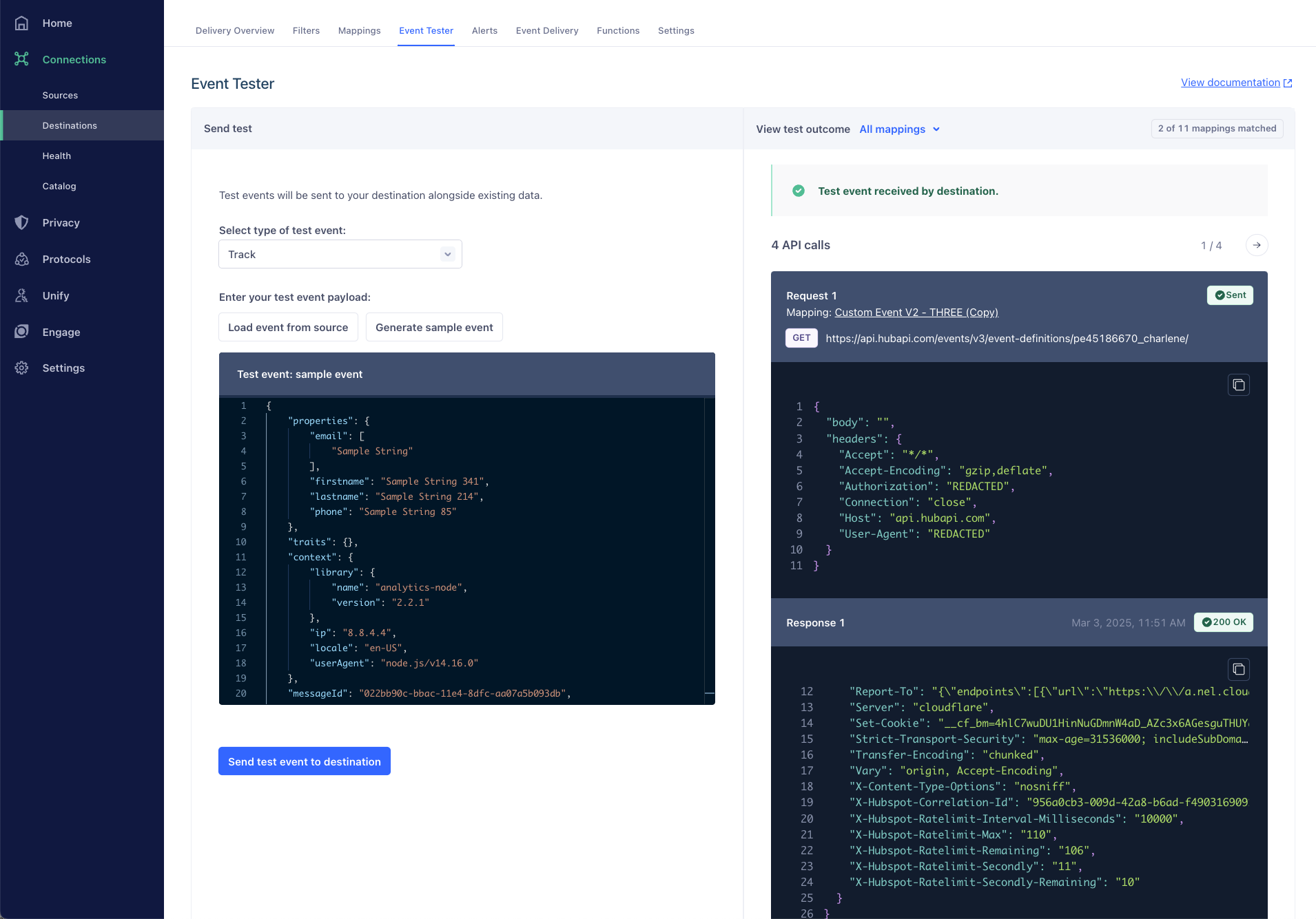 Screenshot of the Event Tester with a Track test event that resulted in 4 API calls